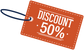 Orange discount sticker sign with white text "DISCOUNT 50%"