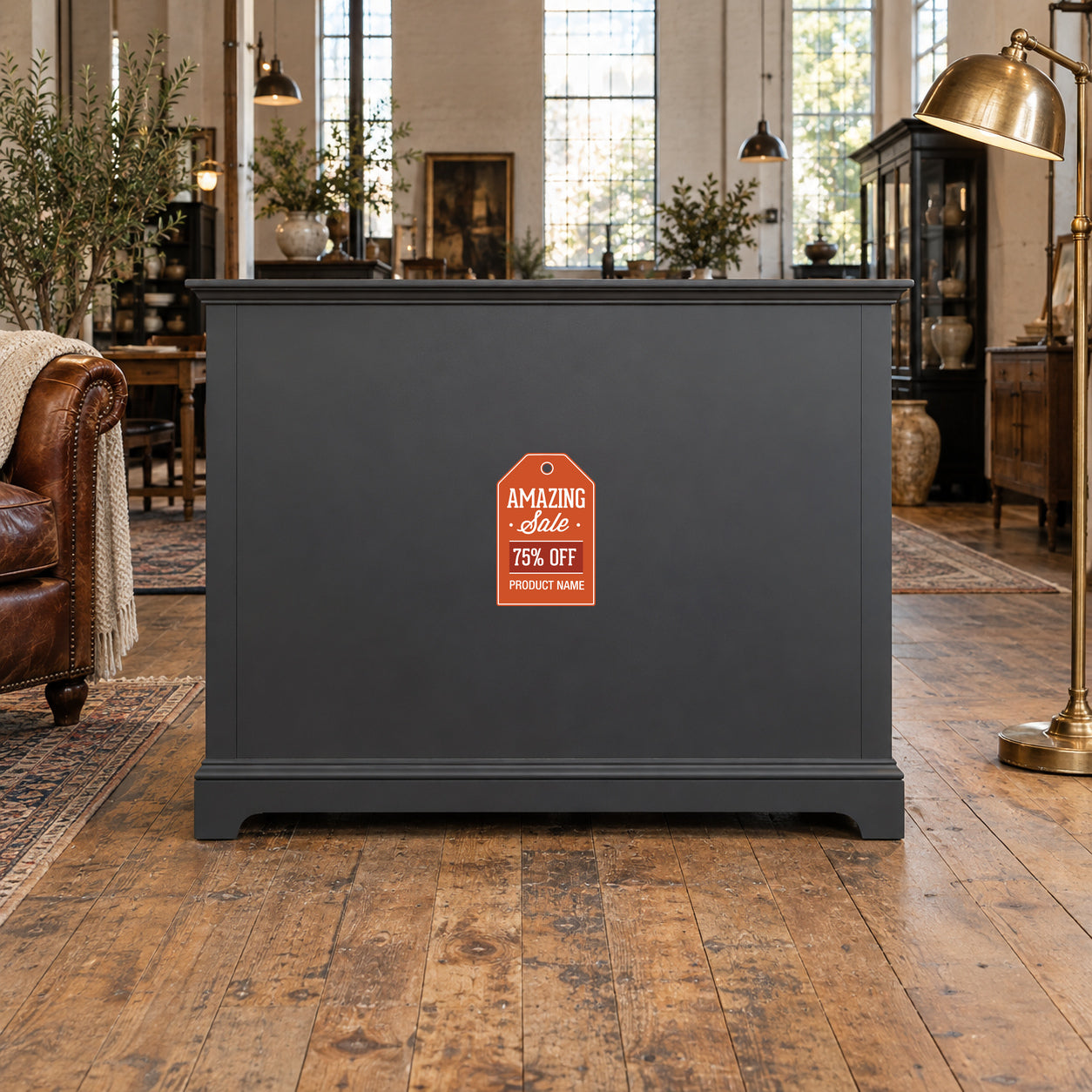 Amazing Sale 75% Retail Discount Sign Sticker displayed on a vintage furniture showroom plinth