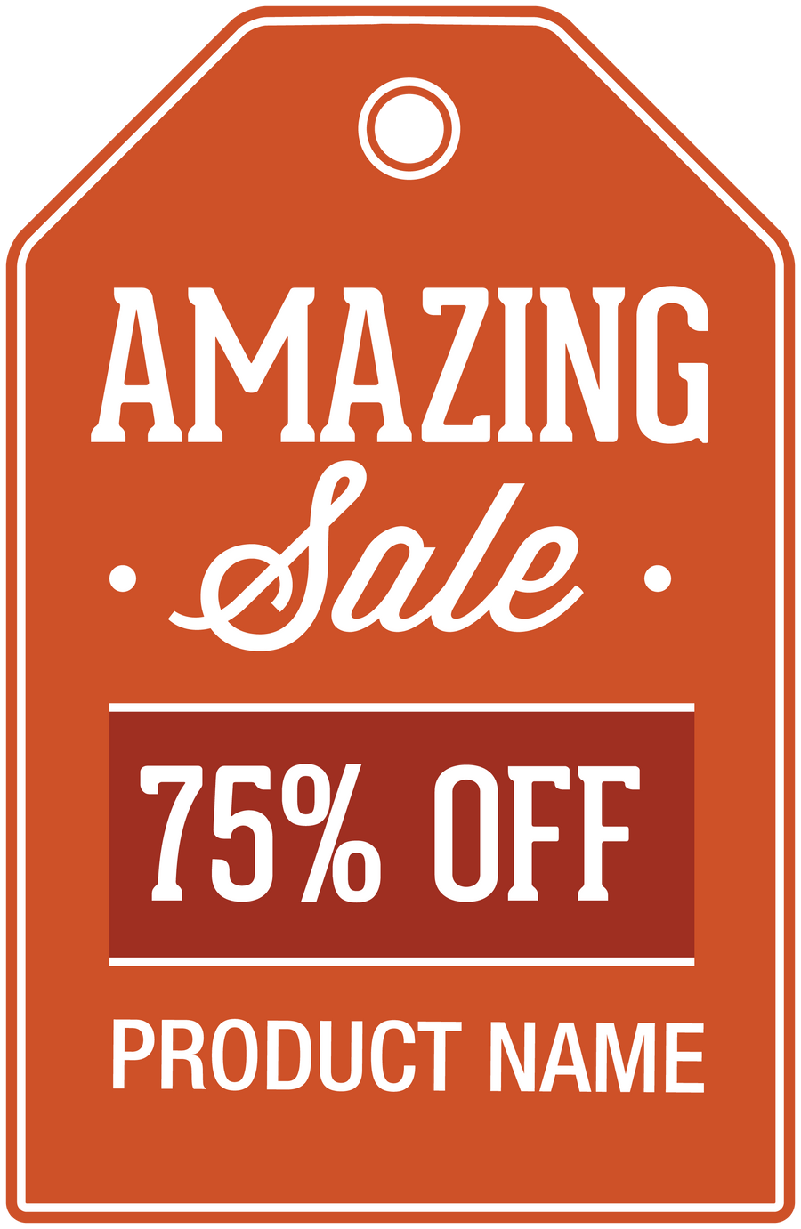 Orange sale sign sticker with “Amazing Sale” and “75% OFF” text, product name box