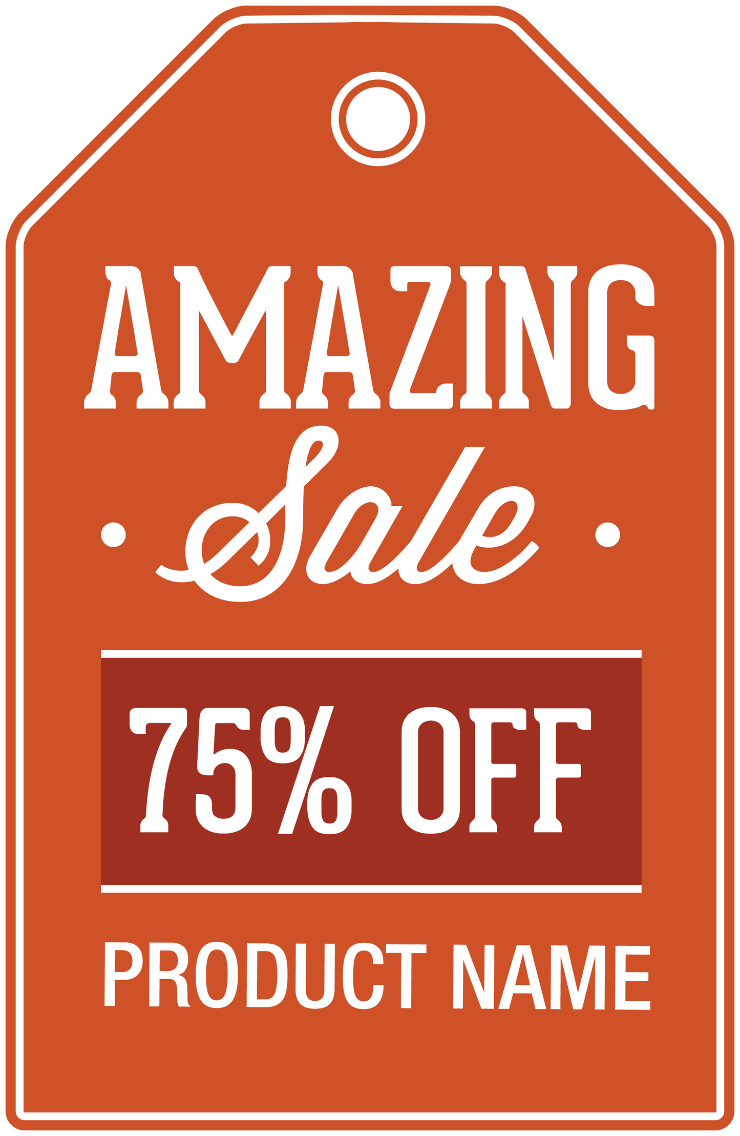Orange sale sign sticker with “Amazing Sale” and “75% OFF” text, product name box