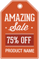 Orange sale sign sticker with “Amazing Sale” and “75% OFF” text, product name box