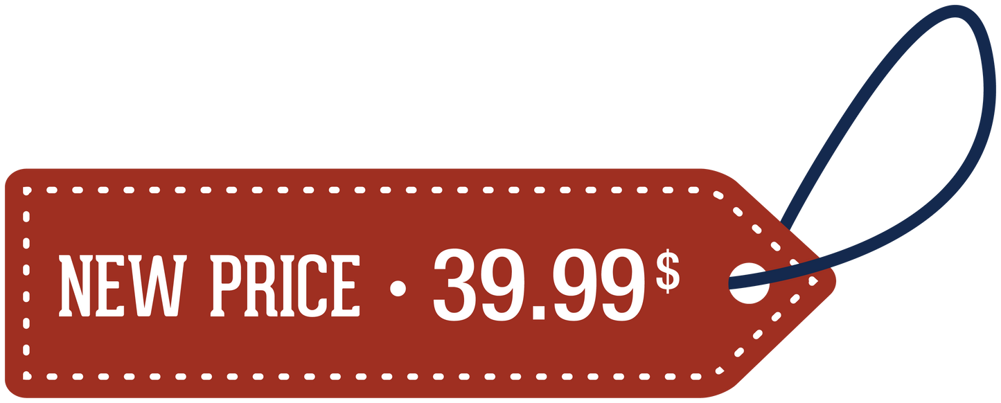 Red price tag sticker with dotted border, reads 'NEW PRICE 39.99$'.