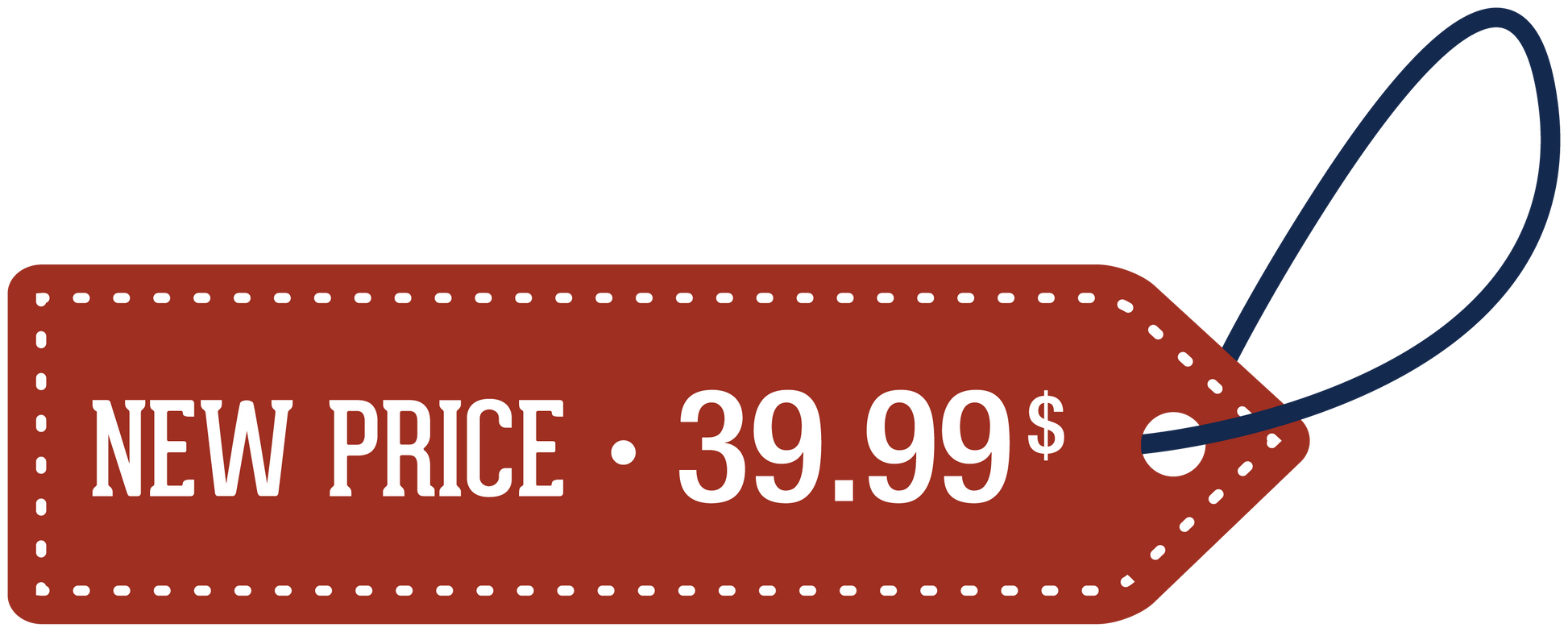 Red price tag sticker with dotted border, reads 'NEW PRICE 39.99$'.