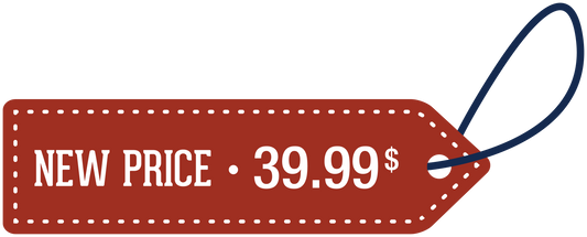 Red price tag sticker with dotted border, reads 'NEW PRICE 39.99$'.