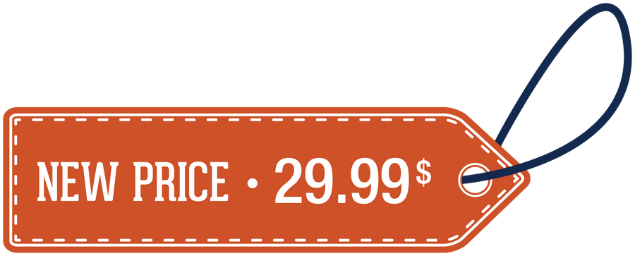 Orange new price 29.99$ discount sign sticker with outlined price tag shape