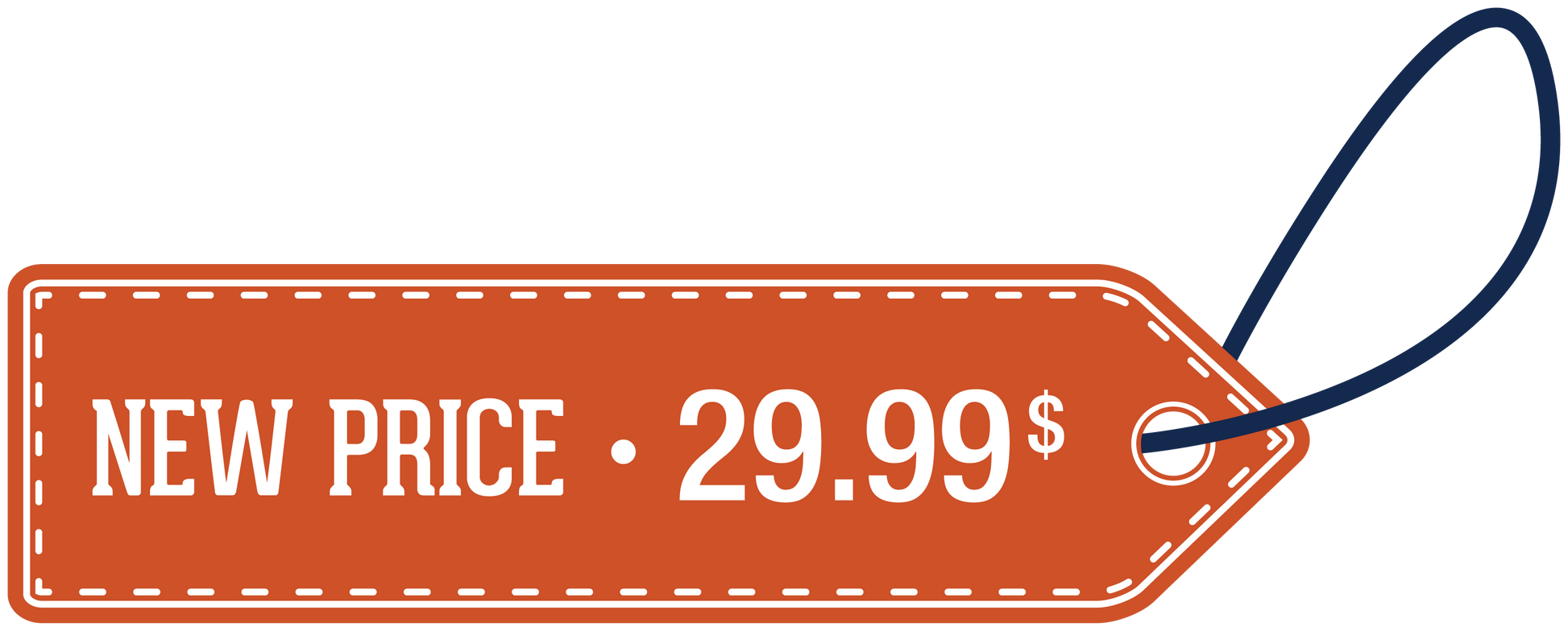 Orange new price 29.99$ discount sign sticker with outlined price tag shape