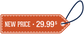 Orange new price 29.99$ discount sign sticker with outlined price tag shape
