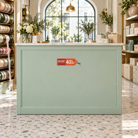 Discount 40% Off Retail Discount Sign Sticker displayed on a gift-wrapping boutique cabinet