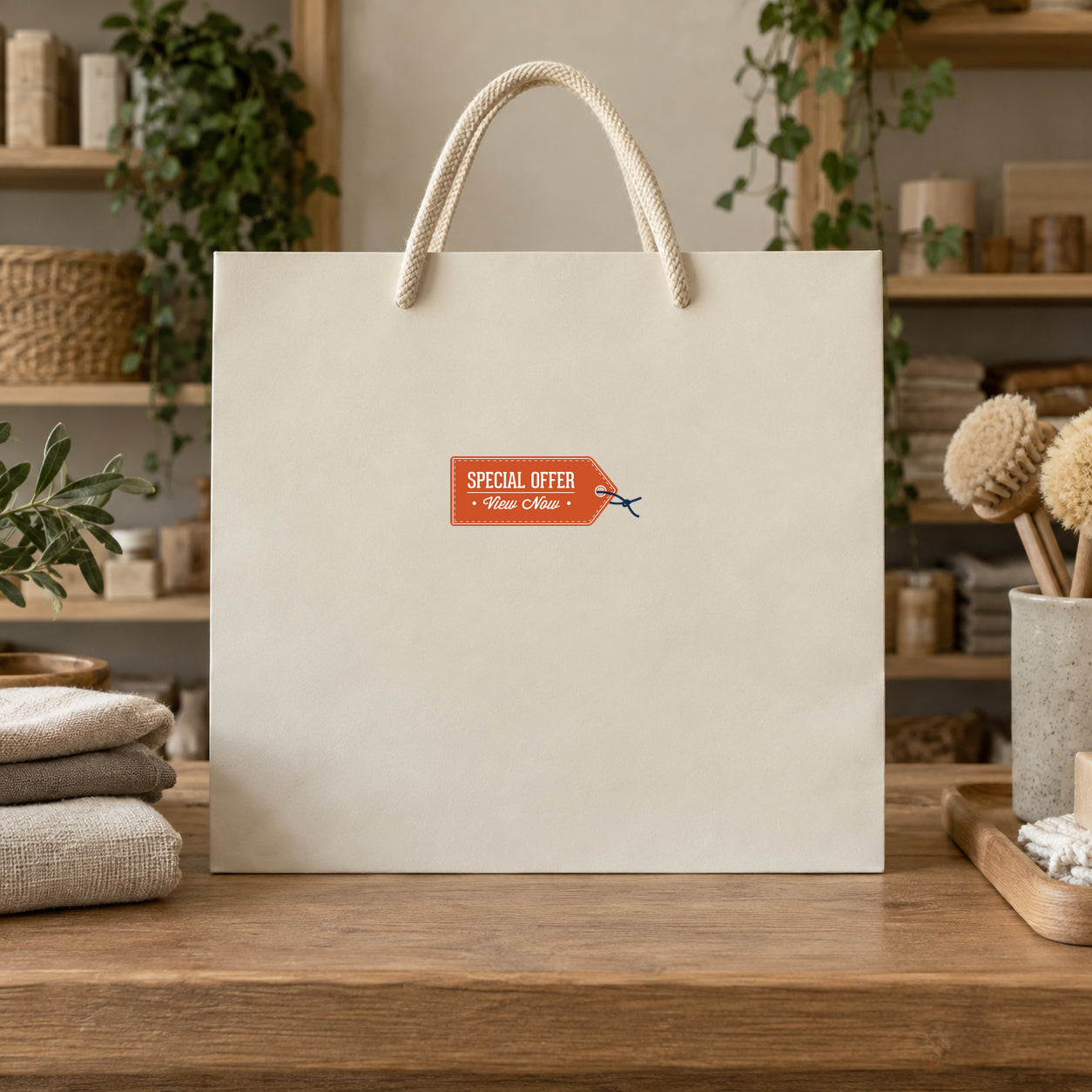 Orange special offer sign sticker with white text on a shopping bag