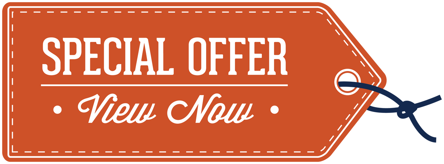 Retail discount sign sticker with orange tag, white 'SPECIAL OFFER' and 'View Now' text with blue ribbon