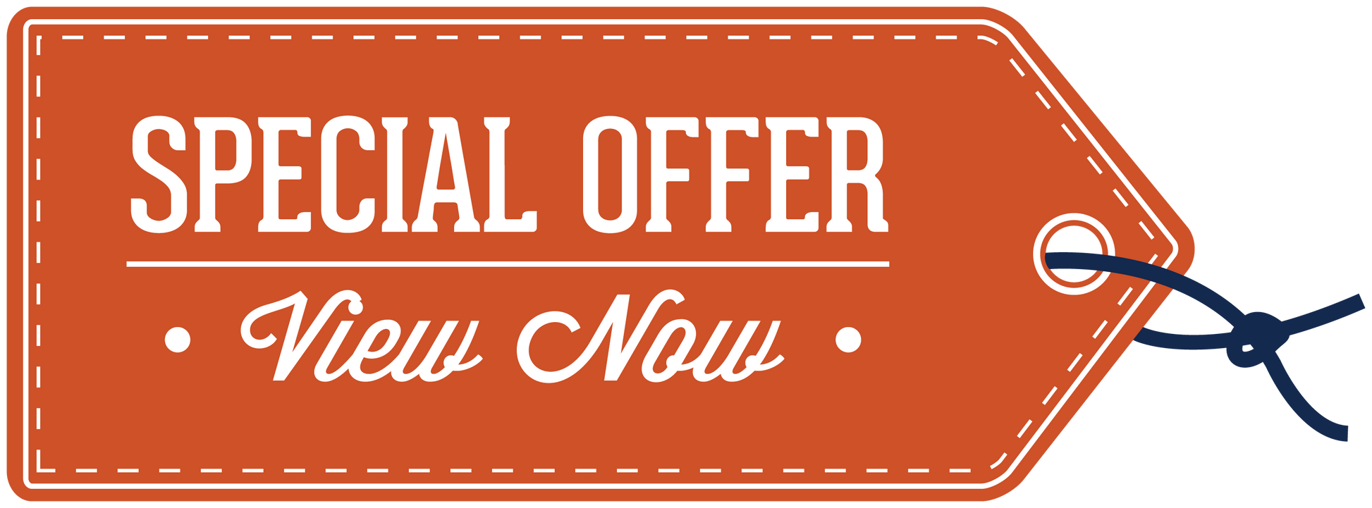 Retail discount sign sticker with orange tag, white 'SPECIAL OFFER' and 'View Now' text with blue ribbon
