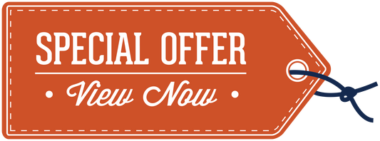 Retail discount sign sticker with orange tag, white 'SPECIAL OFFER' and 'View Now' text with blue ribbon