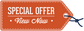 Retail discount sign sticker with orange tag, white 'SPECIAL OFFER' and 'View Now' text with blue ribbon