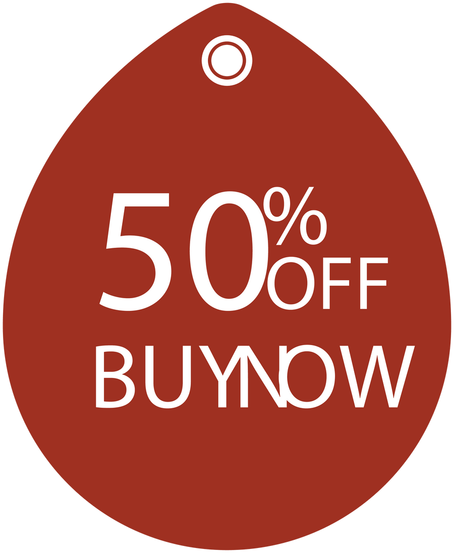 Red teardrop 50% OFF BUY NOW discount sign sticker with small top circle.