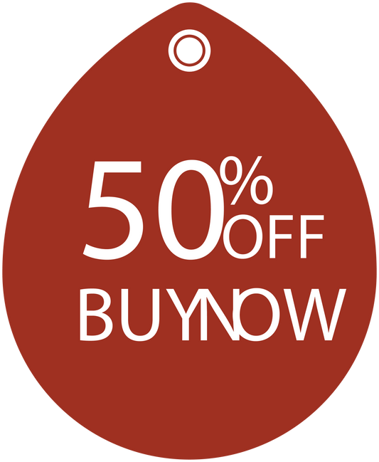 Red teardrop 50% OFF BUY NOW discount sign sticker with small top circle.