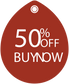 Red teardrop 50% OFF BUY NOW discount sign sticker with small top circle.