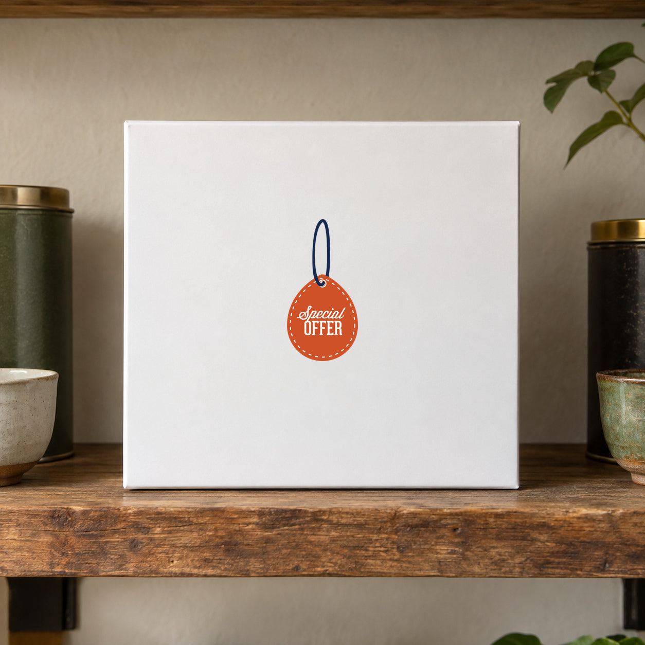 Square retail discount sign sticker with orange “Special OFFER” circular label and blue loop