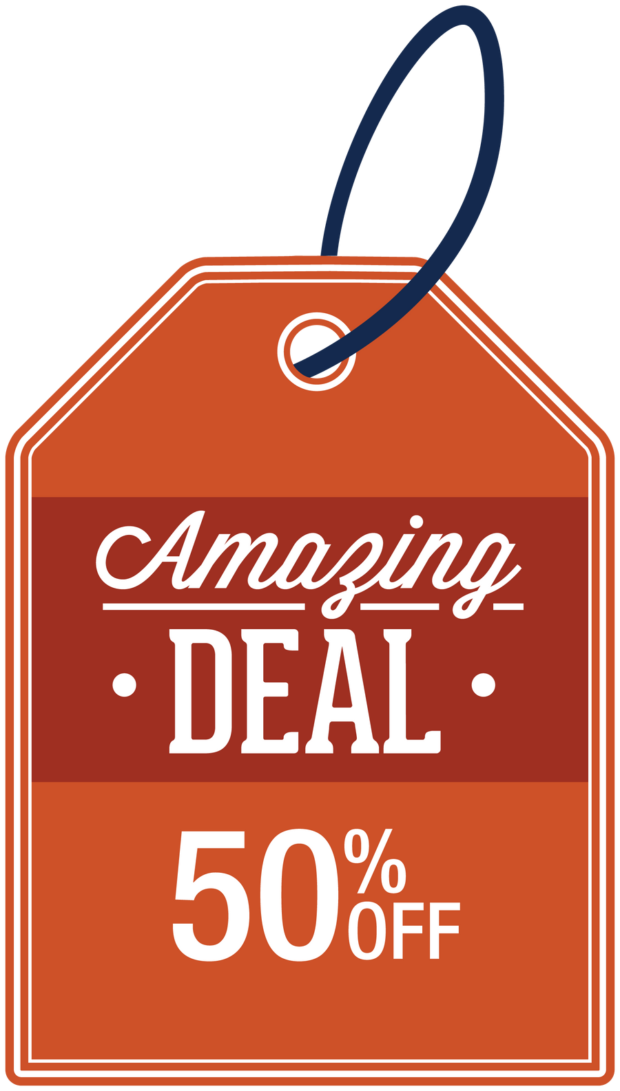 50% off deal sign sticker with orange tag reading “Amazing Deal 50% OFF”