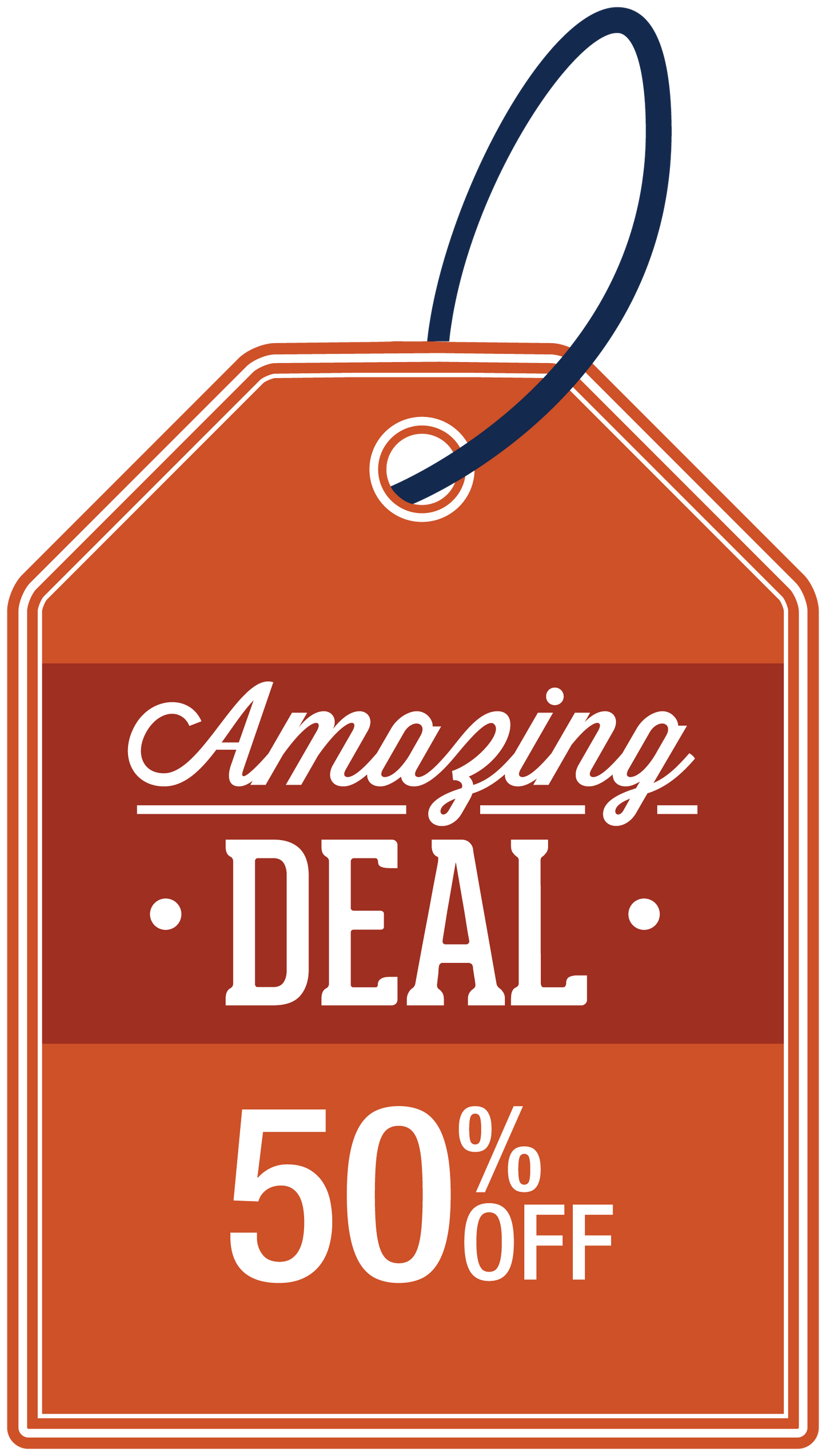 50% off deal sign sticker with orange tag reading “Amazing Deal 50% OFF”