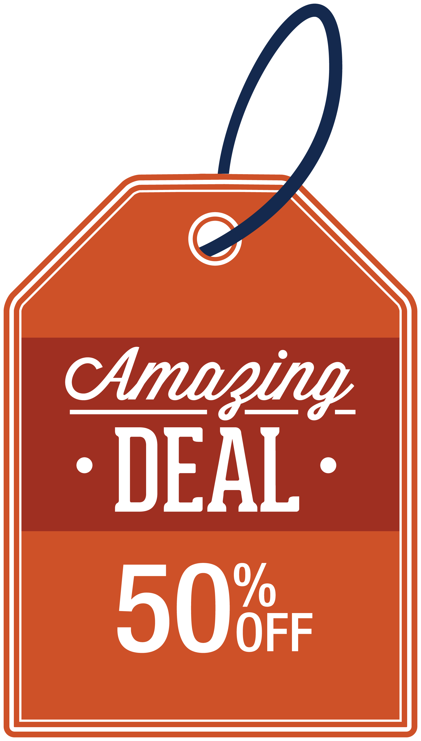 50% off deal sign sticker with orange tag reading “Amazing Deal 50% OFF”