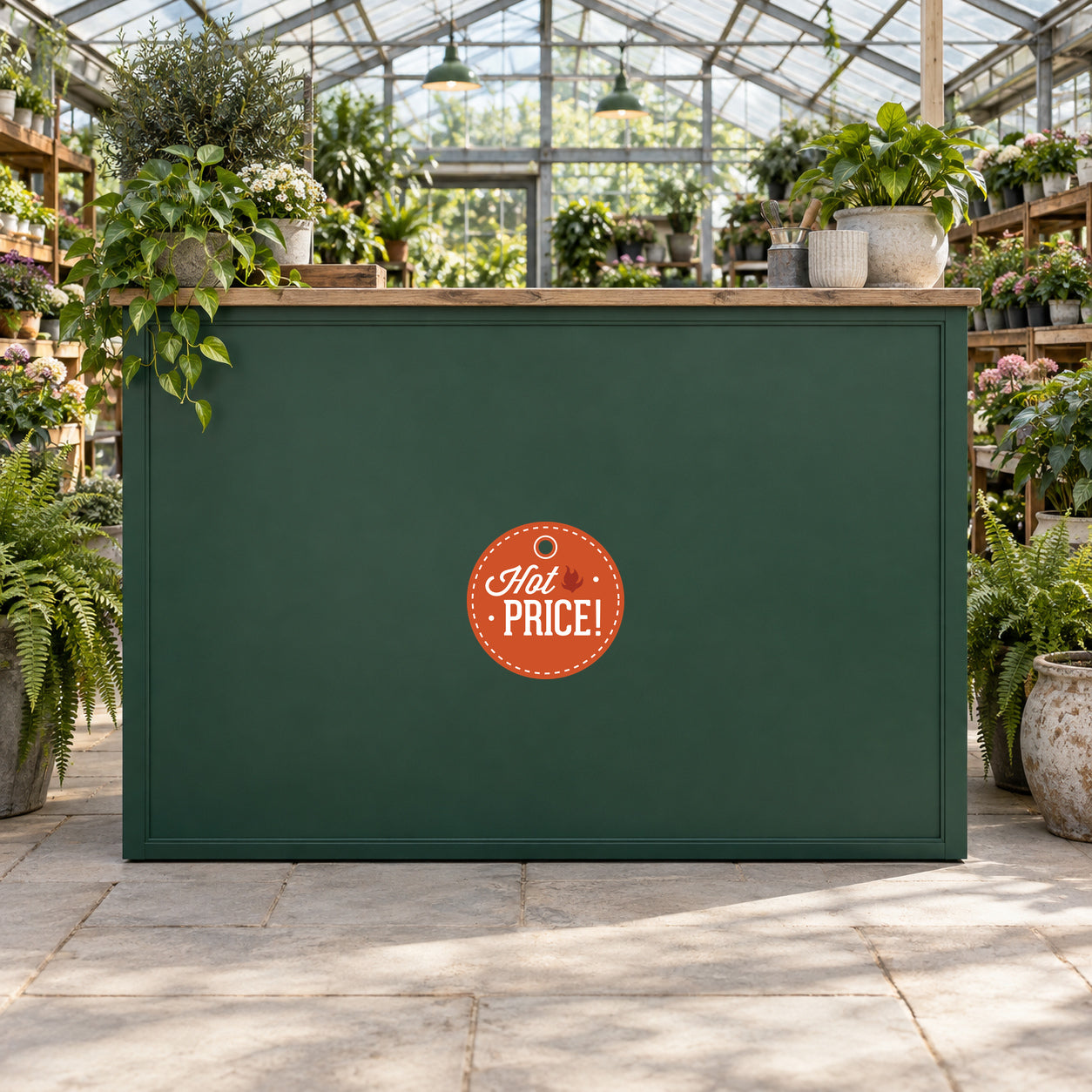 Hot Price Retail Discount Sign Sticker displayed on a garden nursery sales counter