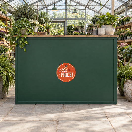 Hot Price Retail Discount Sign Sticker displayed on a garden nursery sales counter