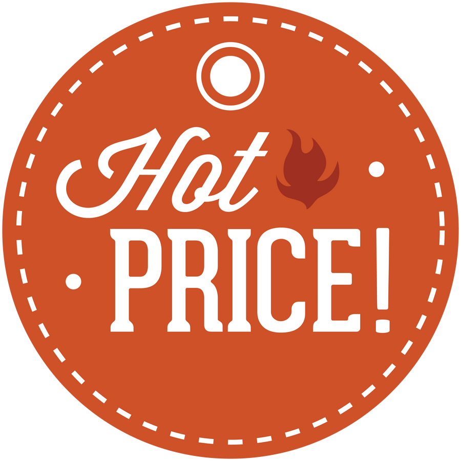 Hot price circular sign sticker, orange with white dashed border and Hot PRICE text