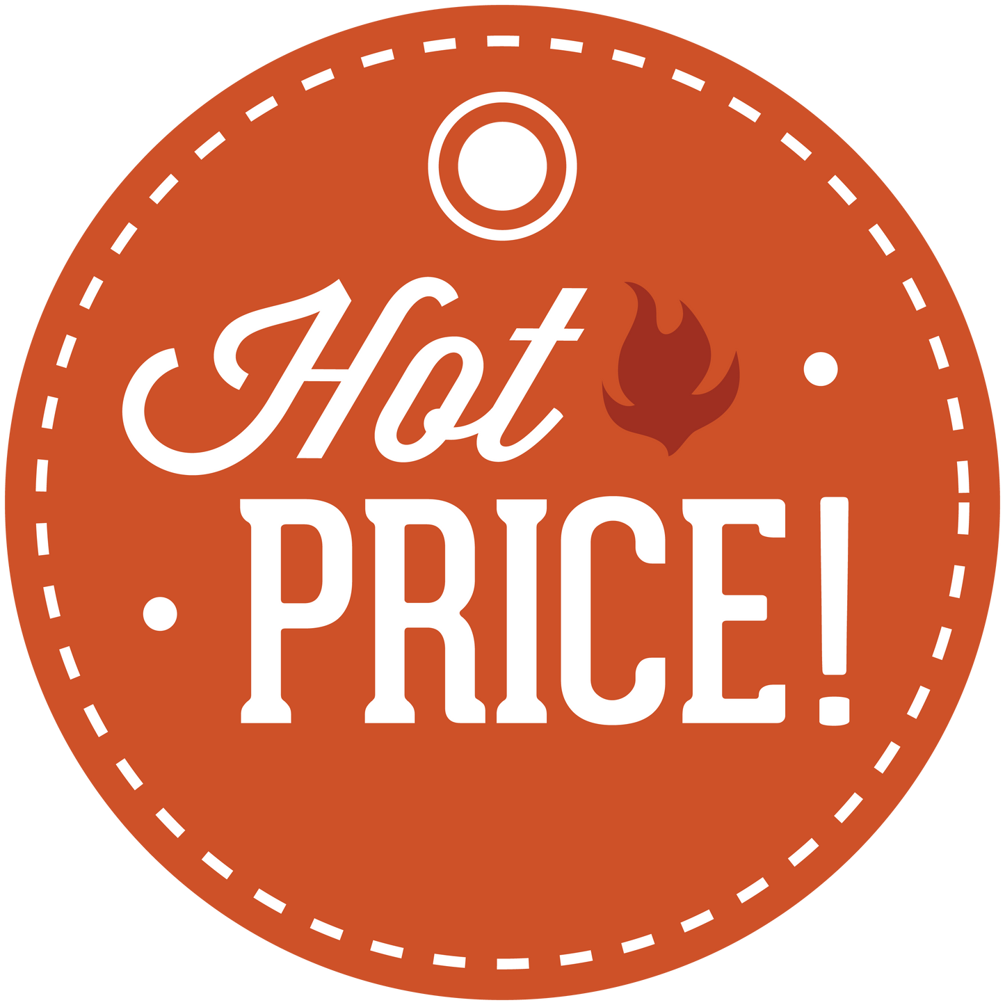 Hot price circular sign sticker, orange with white dashed border and Hot PRICE text