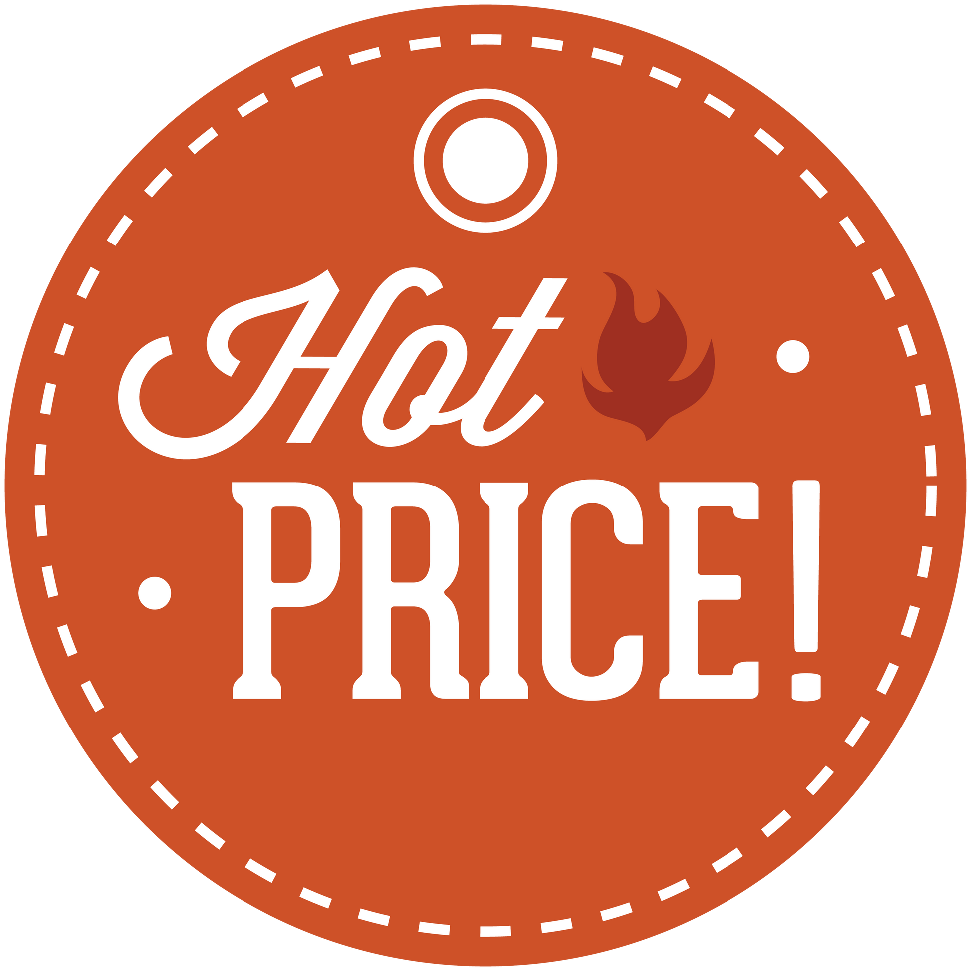 Hot price circular sign sticker, orange with white dashed border and Hot PRICE text
