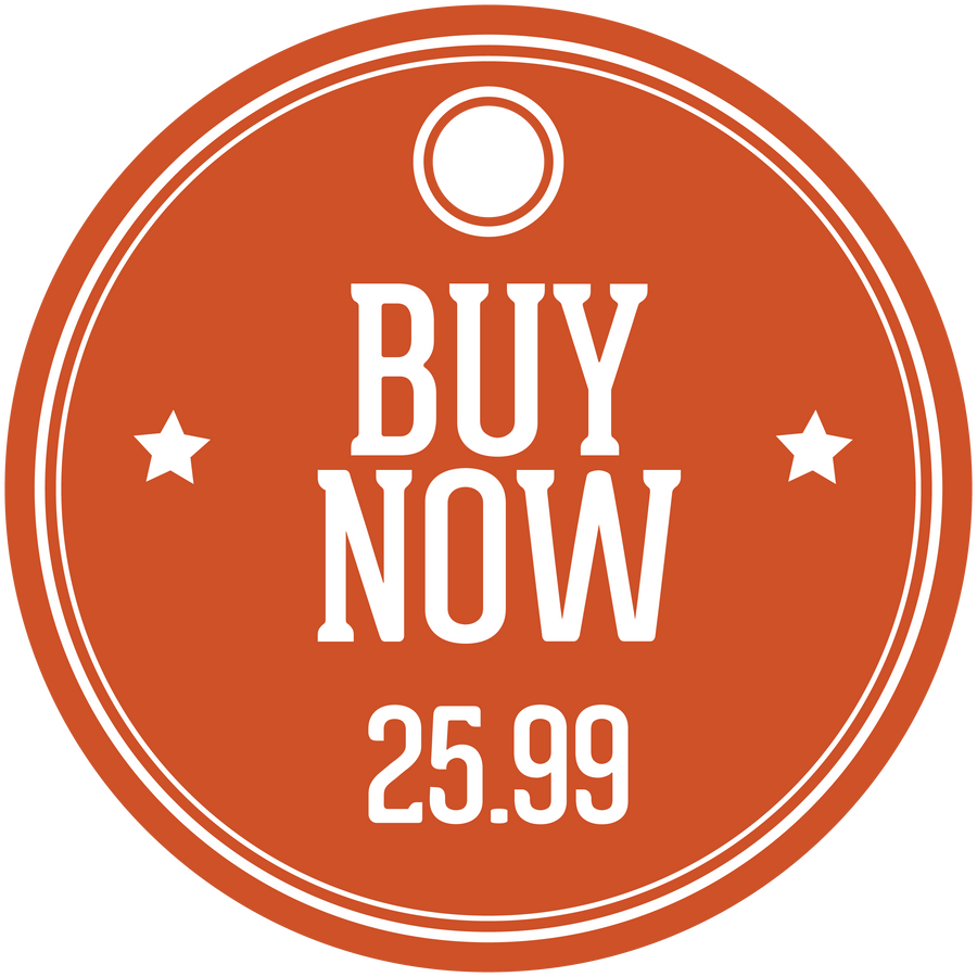 Orange “BUY NOW” circular discount sign sticker, price 25.99