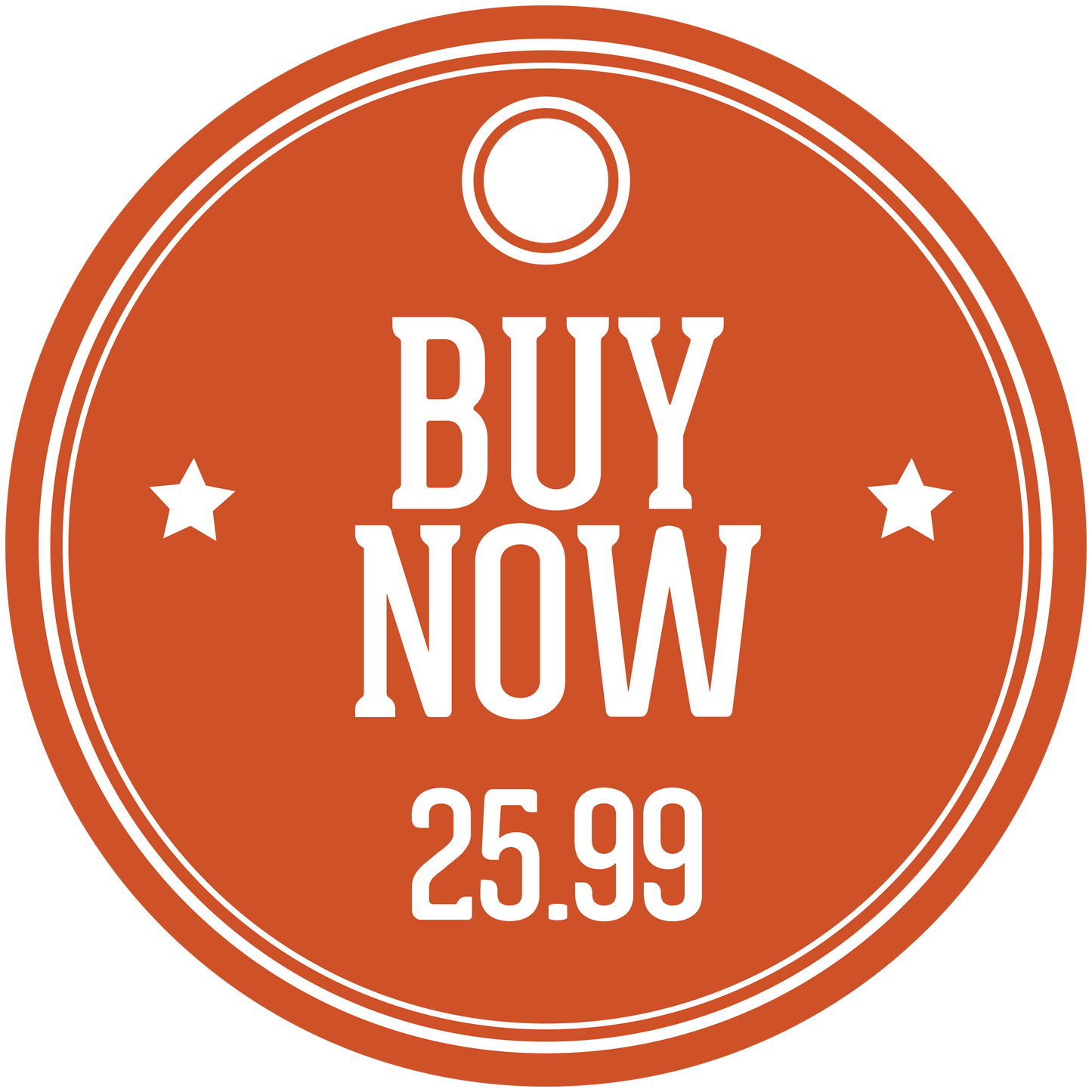 Orange “BUY NOW” circular discount sign sticker, price 25.99