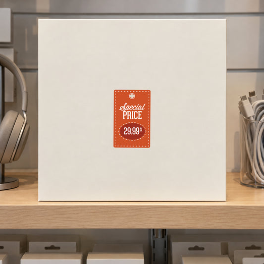 Orange special price discount tag sticker with white text 'Special PRICE 29.99'
