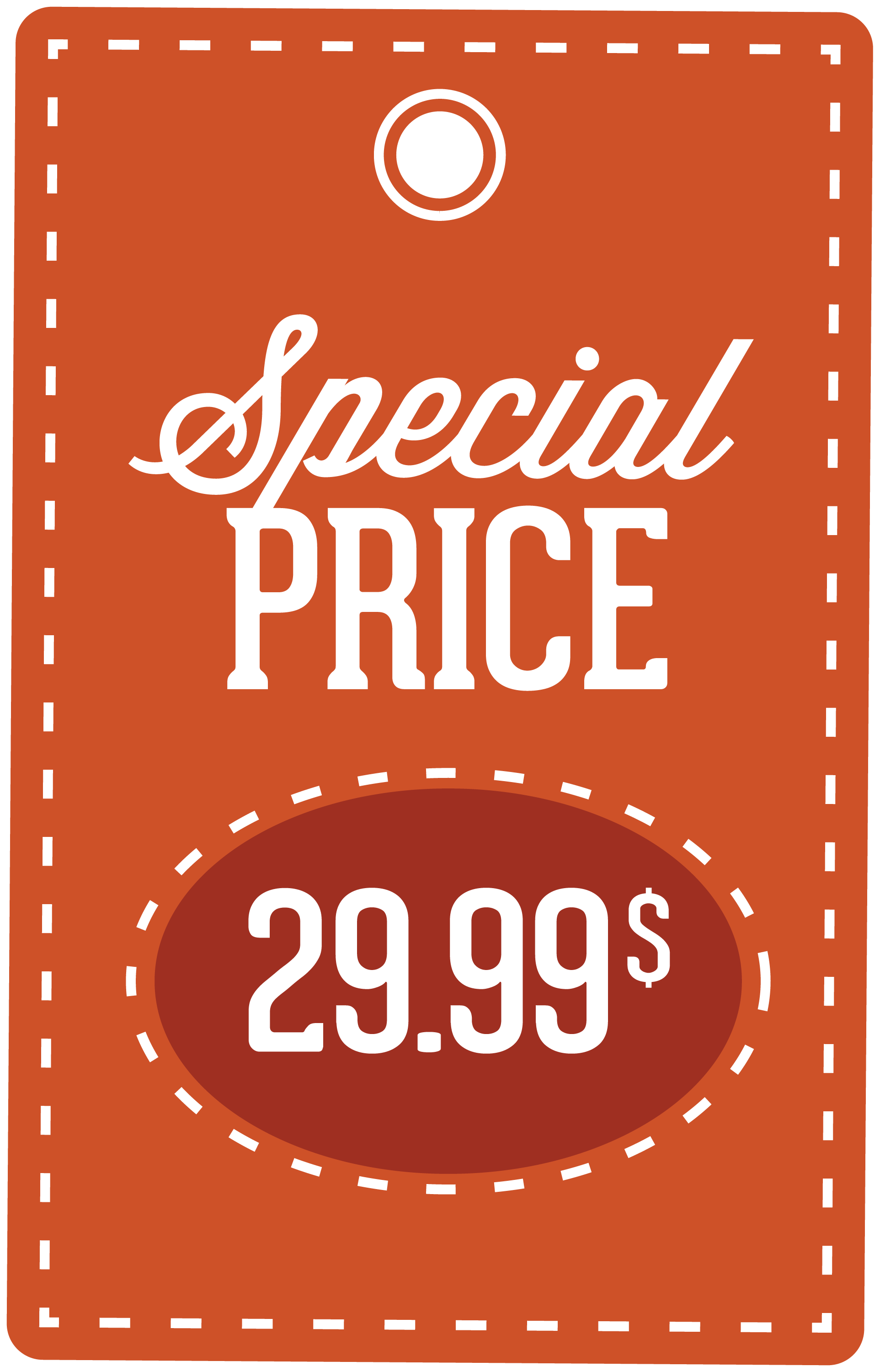 Discount sign sticker reading Special PRICE and 29.99$ on orange background