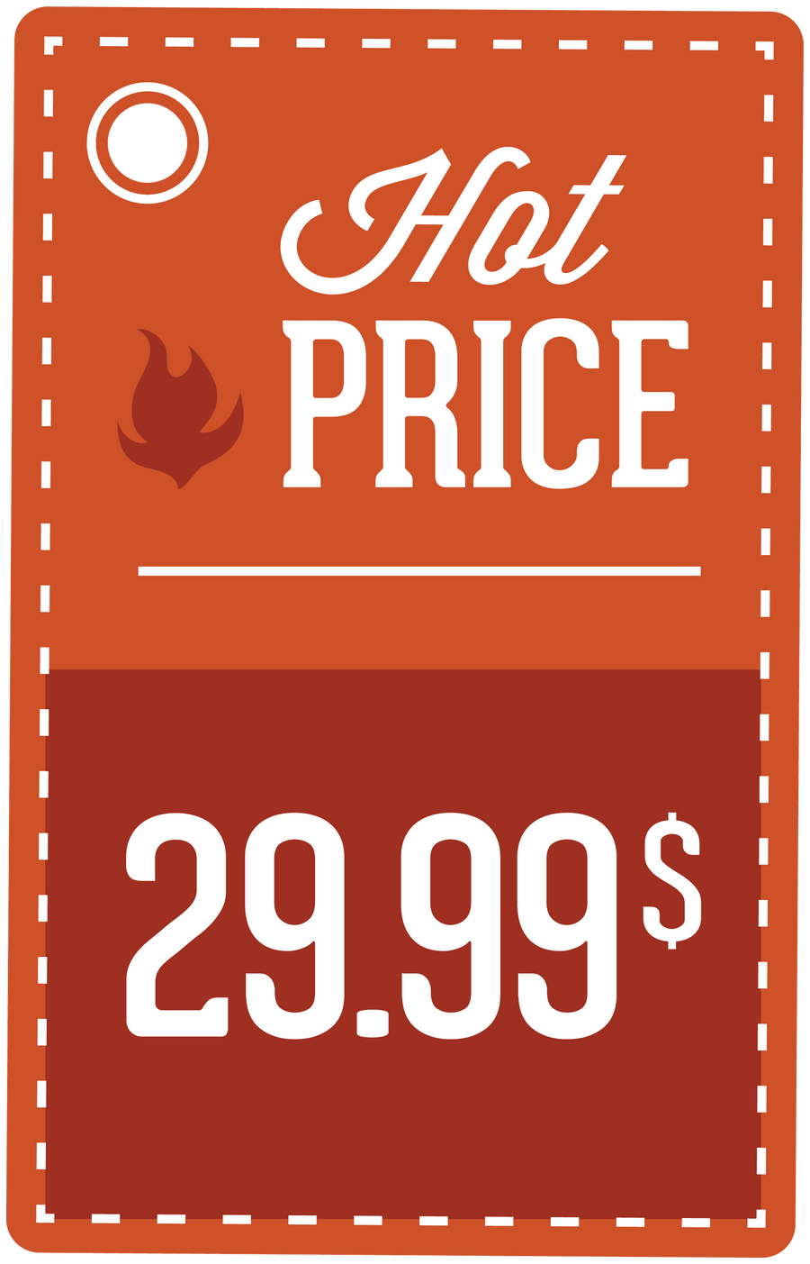 Hot Price sign sticker in orange with flame icon and 29.99$ text