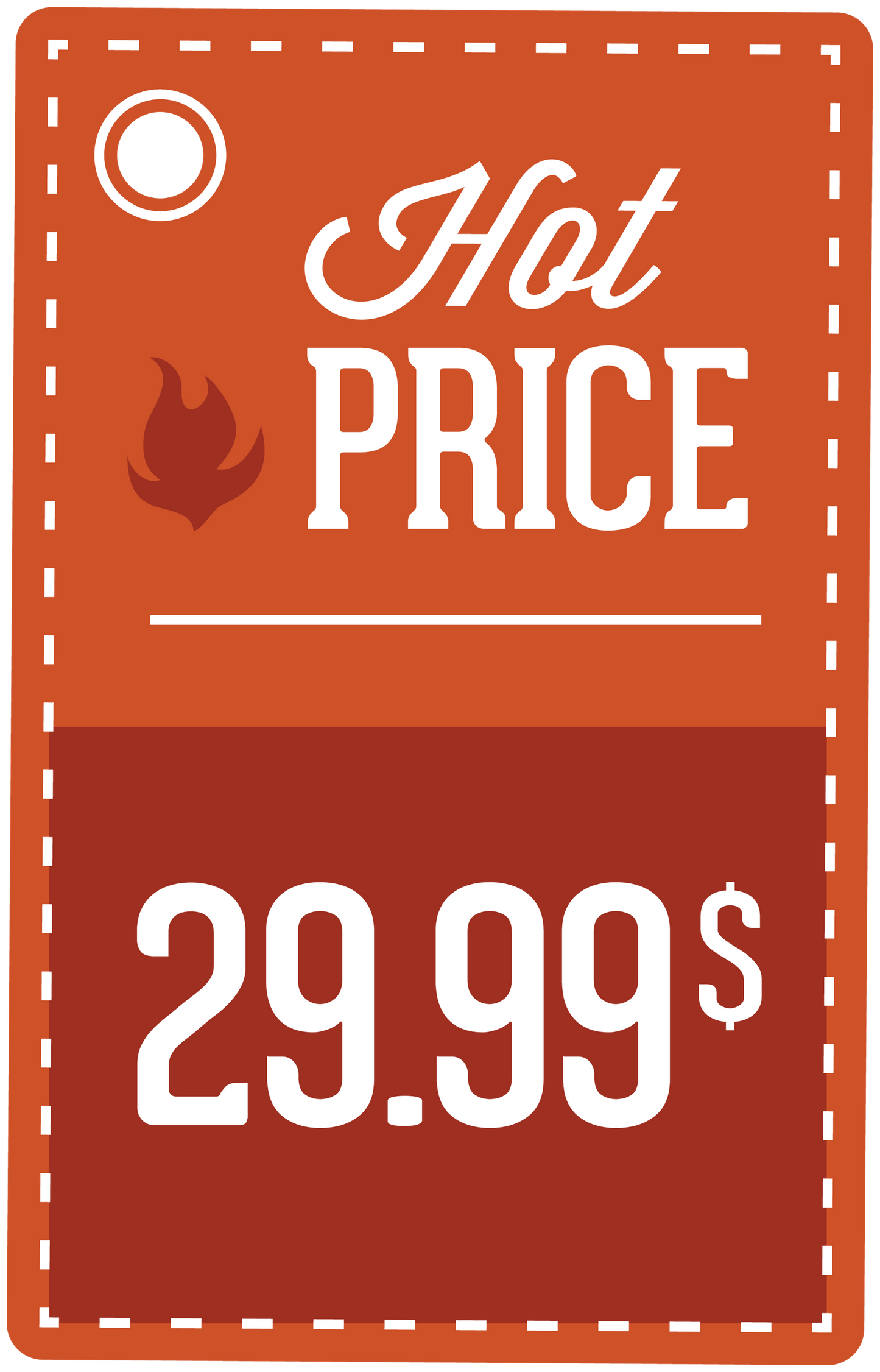 Hot Price sign sticker in orange with flame icon and 29.99$ text