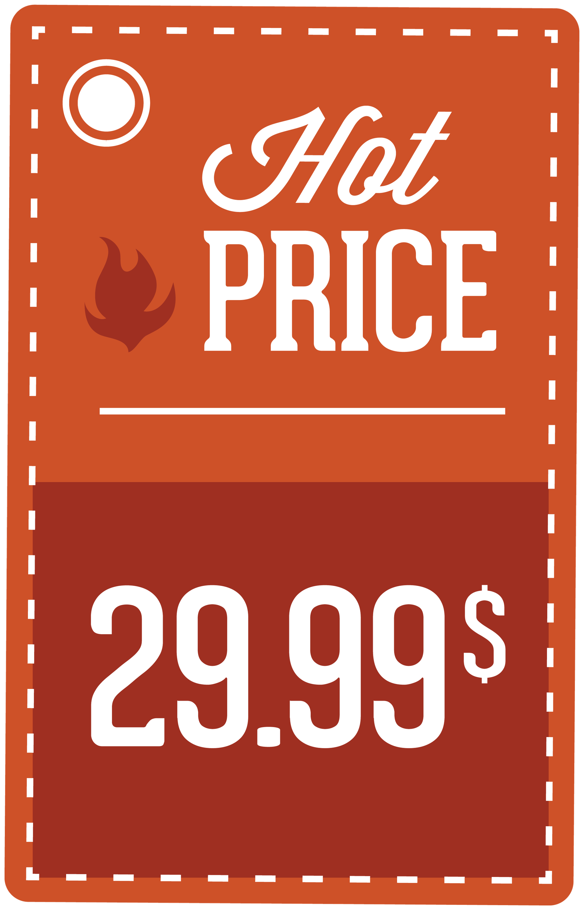 Hot Price sign sticker in orange with flame icon and 29.99$ text
