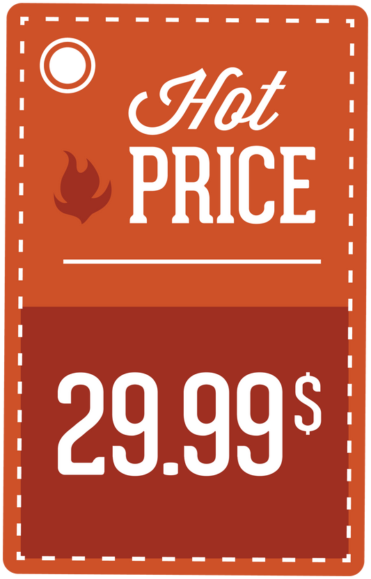 Hot Price sign sticker in orange with flame icon and 29.99$ text