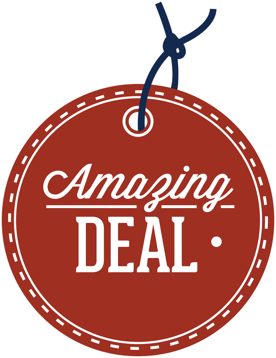 Round red discount sticker with white “Amazing DEAL” lettering and hanging tag icon