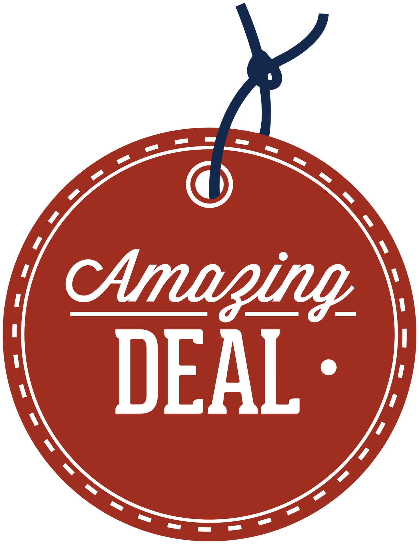 Round red discount sticker with white “Amazing DEAL” lettering and hanging tag icon