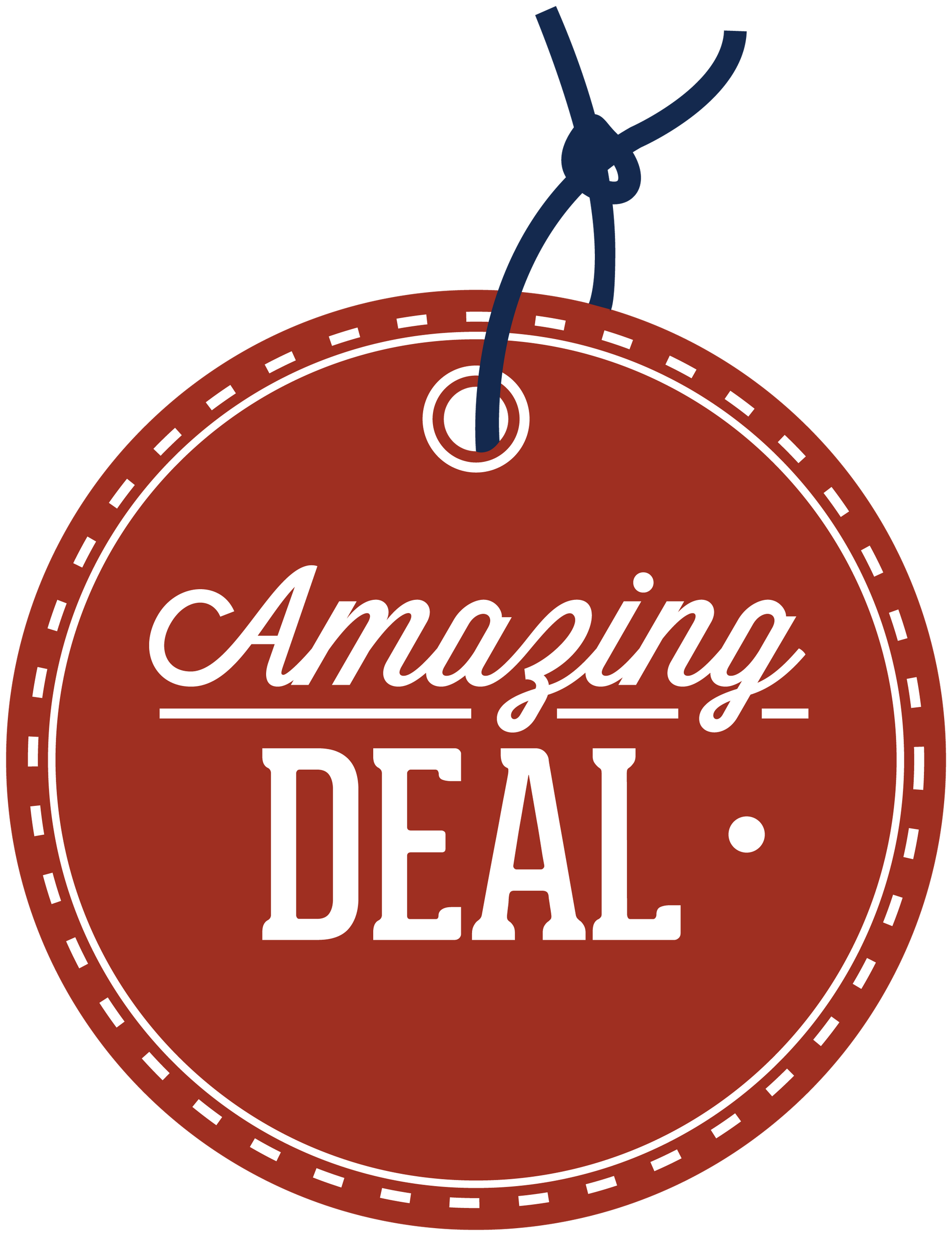 Round red discount sticker with white “Amazing DEAL” lettering and hanging tag icon