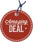 Round red discount sticker with white “Amazing DEAL” lettering and hanging tag icon