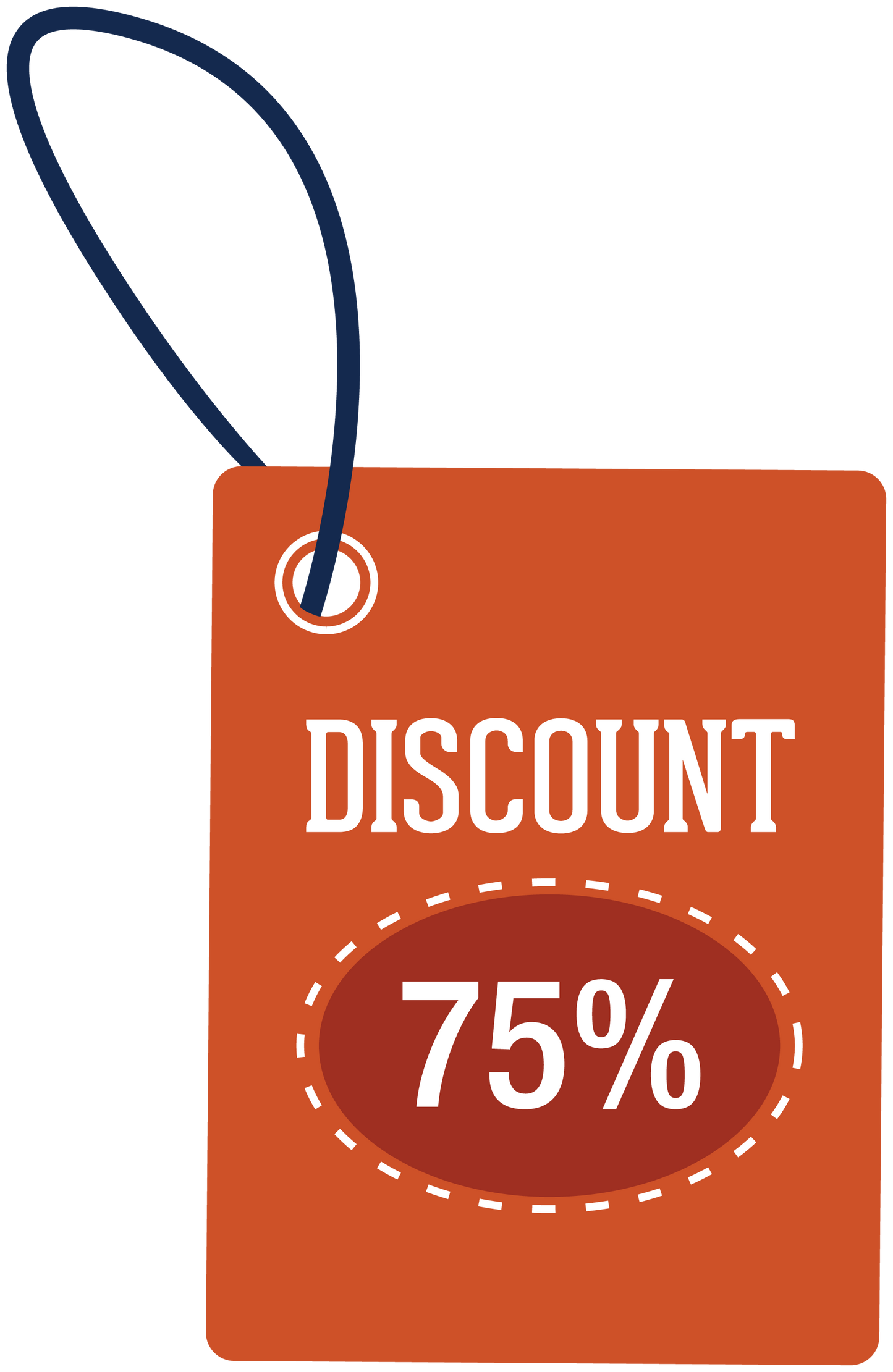 Orange discount sticker with 75% off text and hanging tag loop