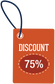 Orange discount sticker with 75% off text and hanging tag loop