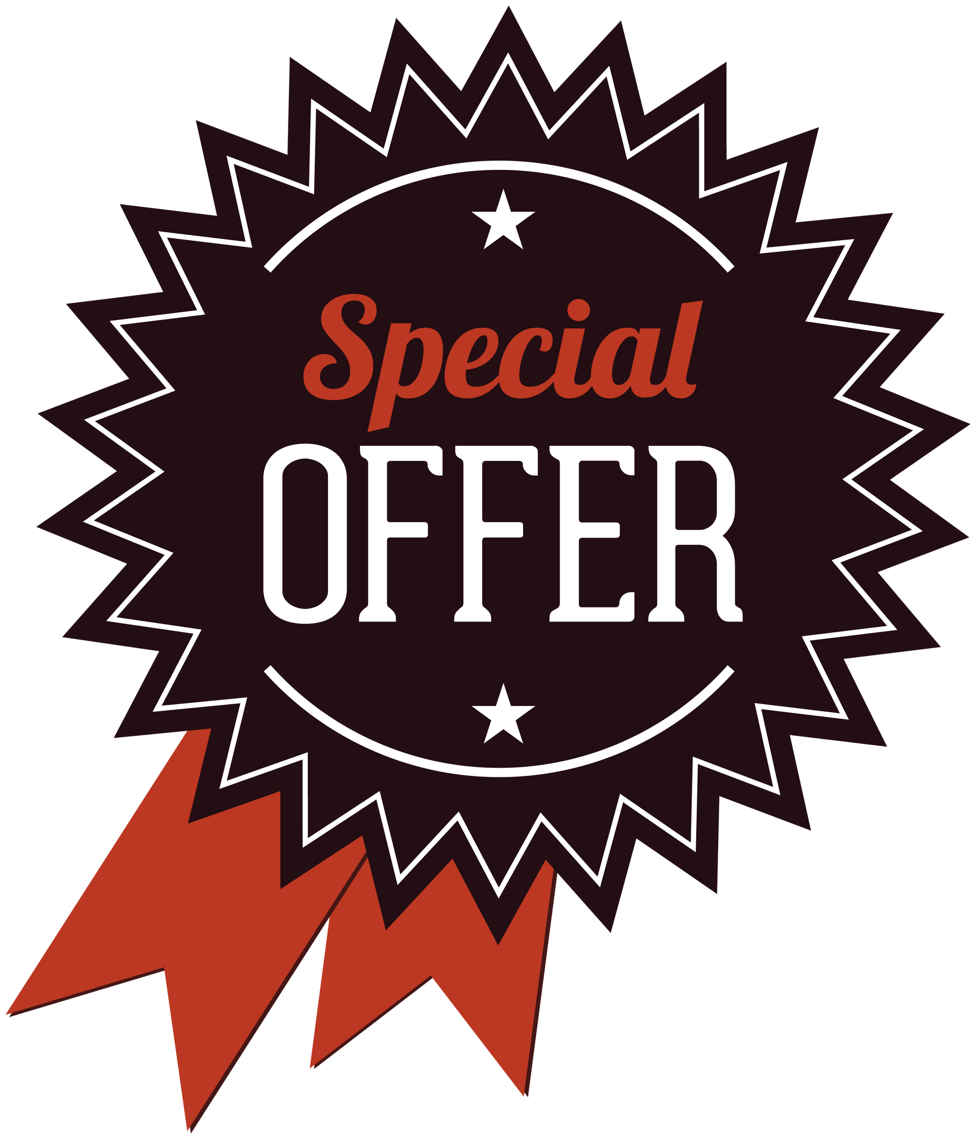 Discount sign sticker with starburst badge: “Special OFFER” in white with stars, red ribbon.