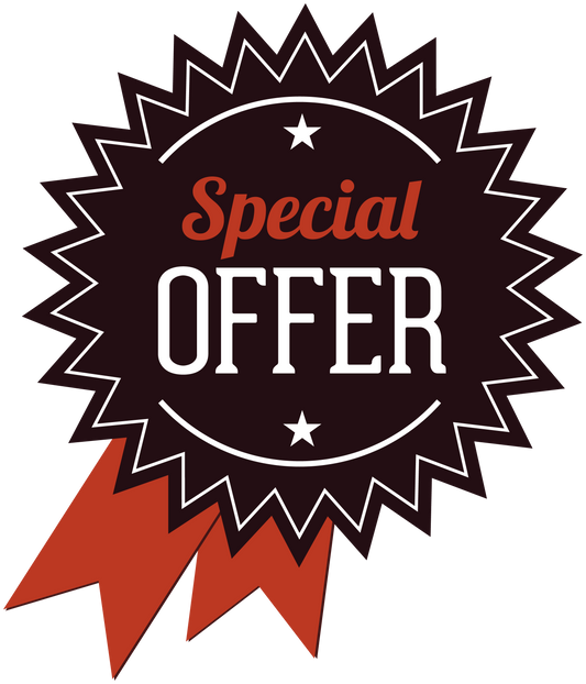Discount sign sticker with starburst badge: “Special OFFER” in white with stars, red ribbon.