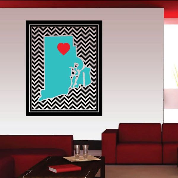 Chevron wall sticker of Rhode Island: black zigzag frame, turquoise state, red heart