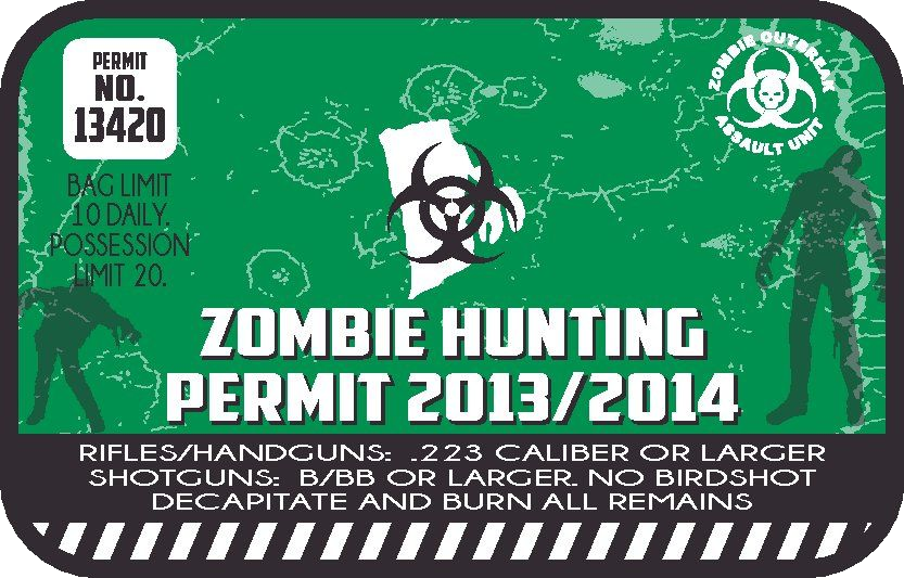Zombie hunting permit sticker, green with permit No. 13420 and zombie silhouettes