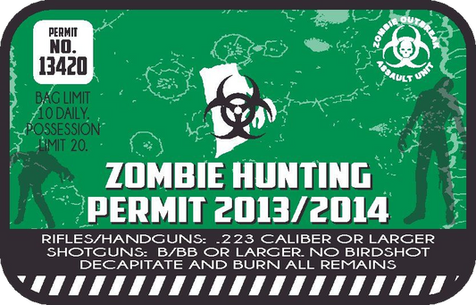 Zombie hunting permit sticker, green with permit No. 13420 and zombie silhouettes