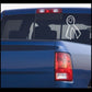 Ribbon outlined car decal in white line art on a dark window panel