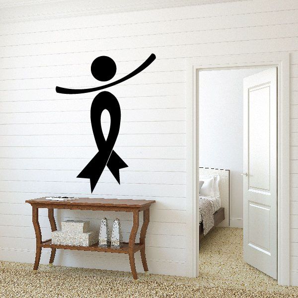 Black ribbon decal with person figure and ribbon swirl above and on body